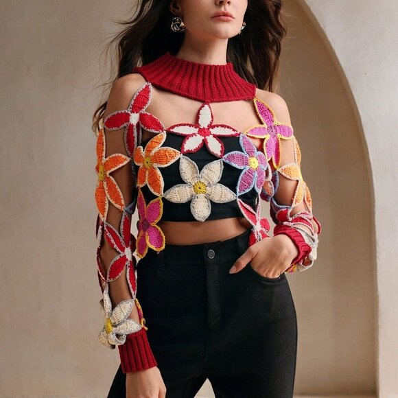 Red Elegant Women's Hand Crochet Lg Sleeve Stand Collar Minimalist Blouse - Picture 4 of 6